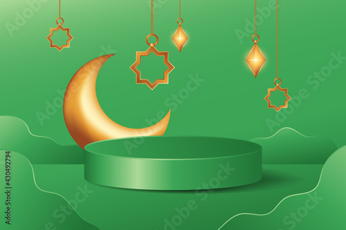 Simple Islamic 3d pedestal stage decoration in green background with hanging lantern and golden crescent moon. Product presentation suitable for Ramadan, Eid al Adha, Eid al Fitr.