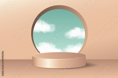 Simple 3d display podium decoration in pink background with a round window to the clouds in the sky. Product presentation, show cosmetic product, Podium, base, display, stage.