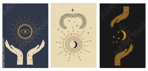 Mystery cards set. Hand drawn mystical design templates with hands, stars, moon, sun. Set of Mysterious celestial designs for stories, social media, cards etc. Vector illustration