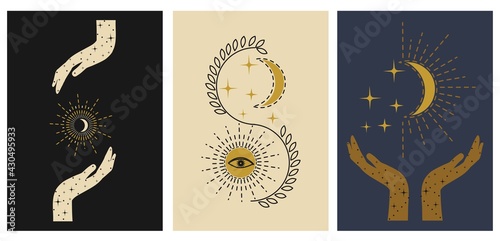 Mystery cards set. Hand drawn mystical design templates with hands, stars, moon, sun. Mysterious celestial cards for stories templates, posts, social media, business, banners etc. Vector illustration