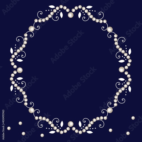 Pearl frame with decorative elements isolated on navy background. Oval pearl necklace, border and corner for wedding, decoration, banners, cards or invitation. Vector illustration
