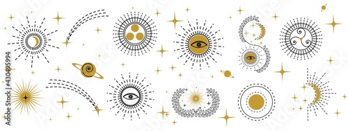 Set of hand drawn mystical elements for card, banner, logo, sticker etc. Celestial objects boho collection isolated on white. Esoteric and witchcraft design elements. Astronomy vector illustration