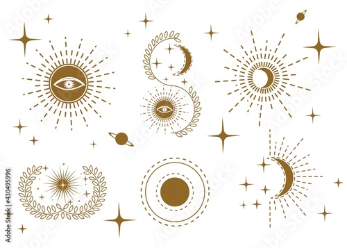 Set of hand drawn mystical elements for card, banner, logo, sticker etc. Celestial objects boho collection isolated on white. Esoteric and witchcraft design elements. Astronomy vector illustration