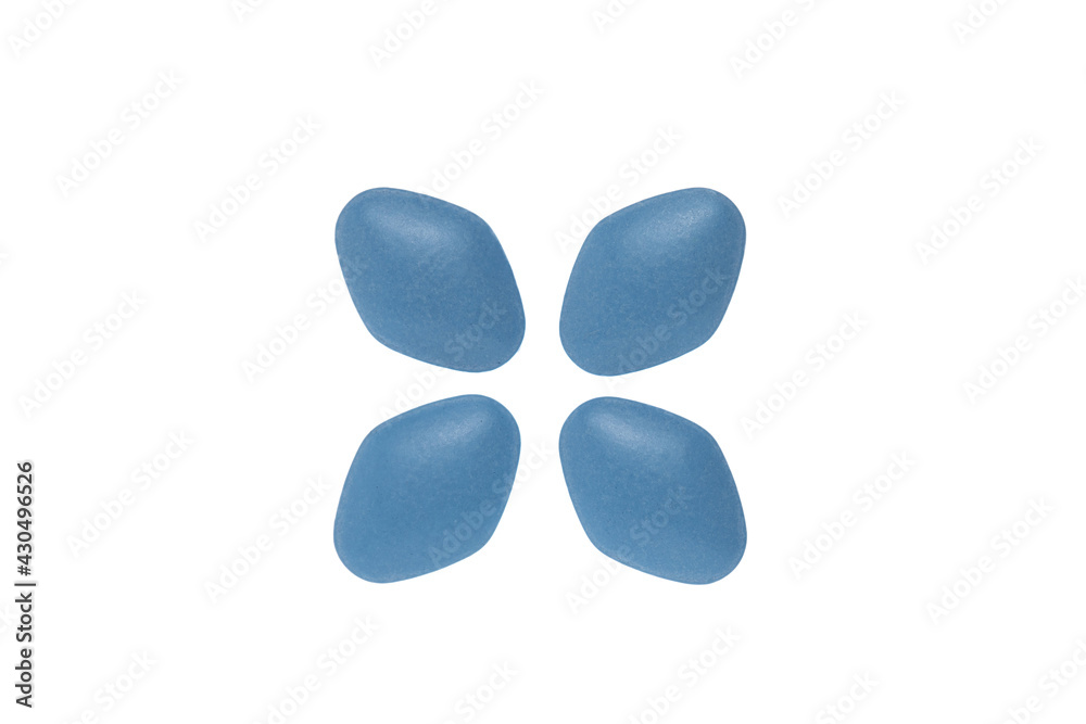 Blue pill on white background. Erectile Dysfunction Pill.
Mans health and sexual problems. Male power and libido. 