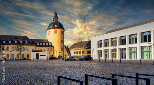 District town of Siegen, Lower Castle with Castle Tower and University Lecture Hall Building. Unteres Schloss mit Schlossturm und Hörsaalgebäude der Universität photo