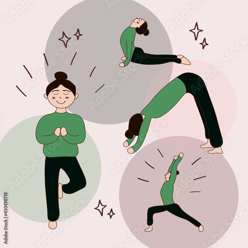 yoga poses illustration, sport, happy girl, healt, stars