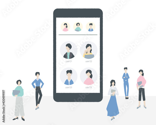 スマートフォンに映るアプリ画面とその周りに立つ女性達