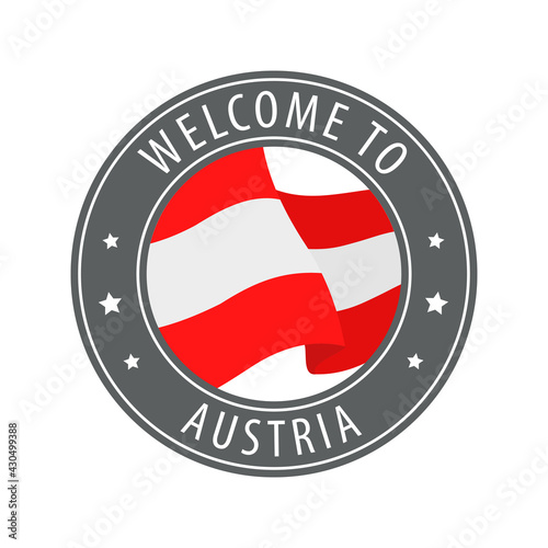 Welcome to Austria. Gray stamp with a waving country flag.