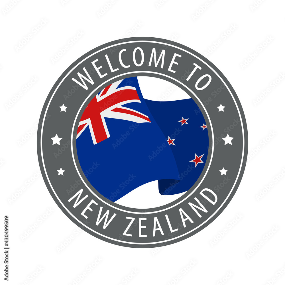 Welcome to New Zealand. Gray stamp with a waving country flag. Welcome to New Zealand. Gray stamp with a waving country flag.