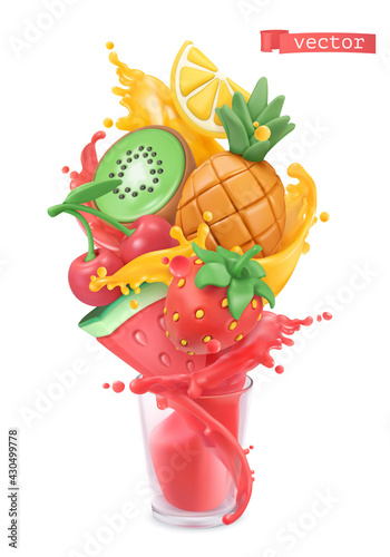 Fruit and berries burst. Sweet tropical fruits and mixed berries. Watermelon, pineapple, strawberry, kiwi, cherry, lemon and splashes of juice. Plasticine art 3d vector object