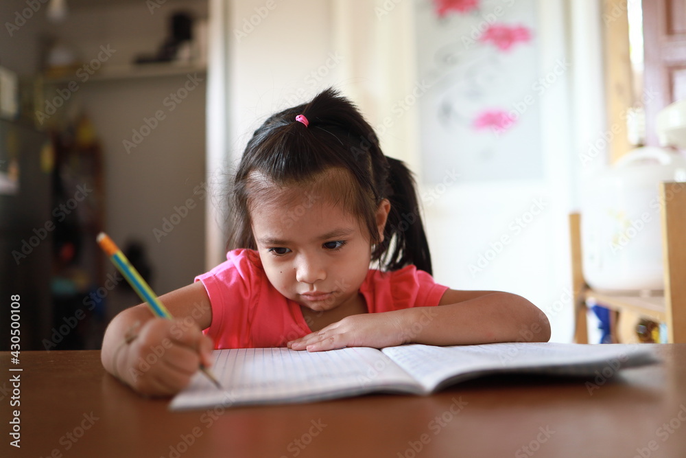 A cute Asian girl doing homework in her home during the day A cute Asian girl doing homework in her home during the day