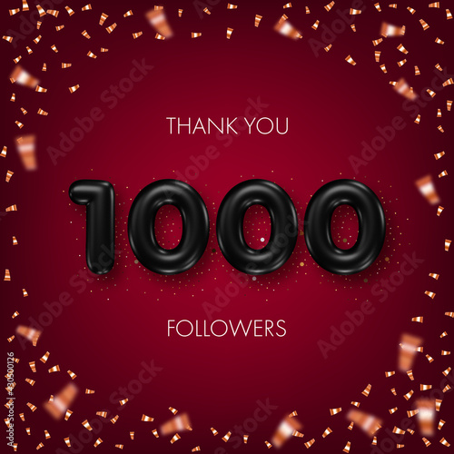 Thank you followers. Social media achievement poster with black 3d numbers and confetti on dark red background