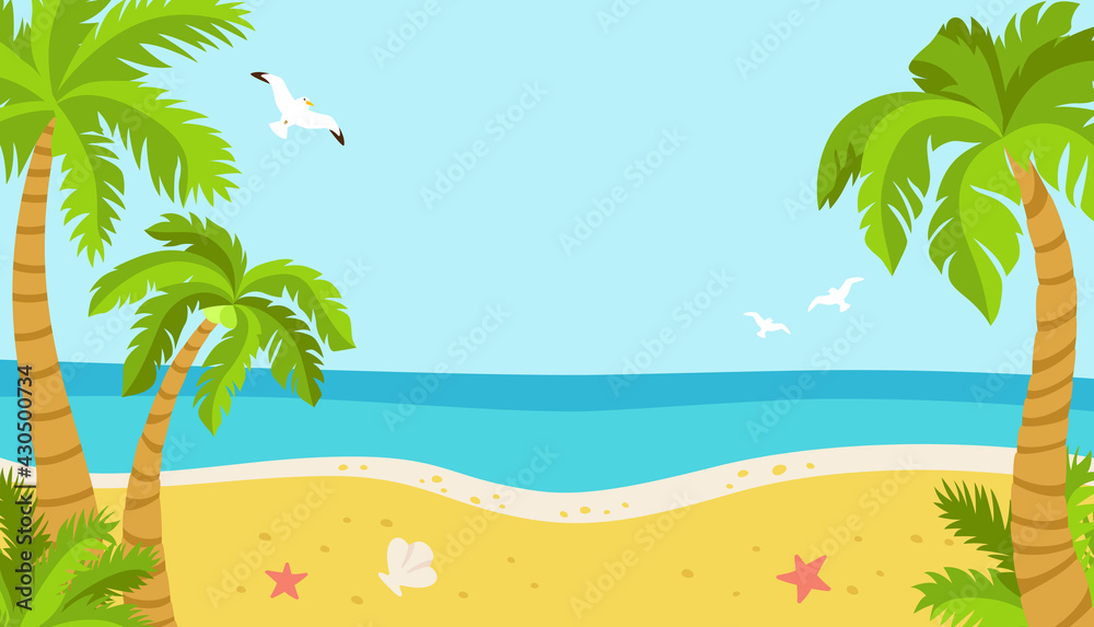 Tropical beach, summer background for text. Palm trees and seagulls ...