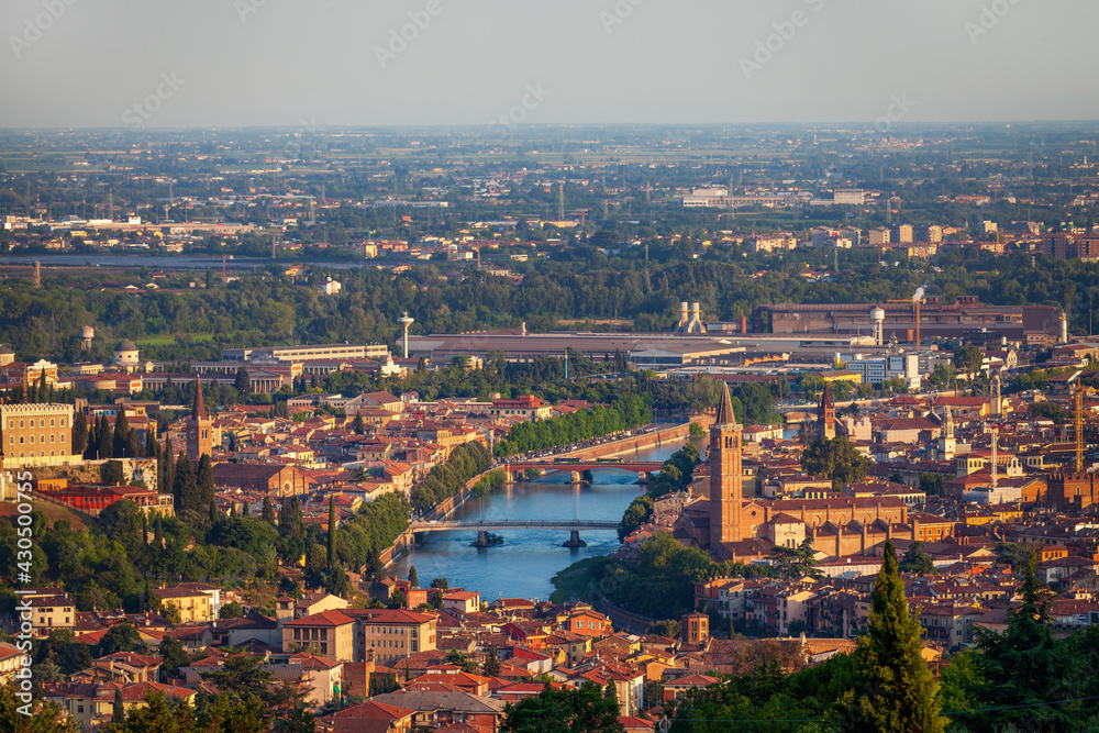 Verona, Italy, 07.04.2019: panoramic view of Verona from the hill