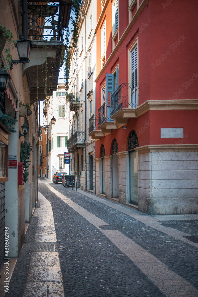 Verona, Italy, 07.04.2019: view of Nicolo Ponte Nuovo street in located in the historical part of the city.