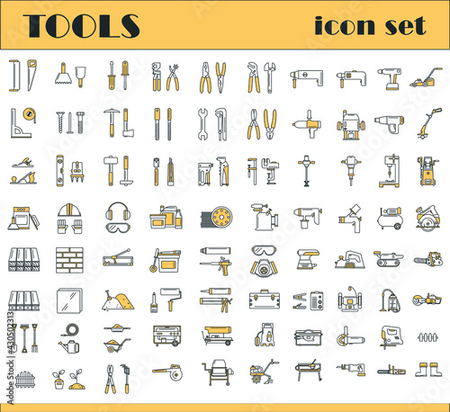 Icons for online stores, power tools, garden tools, construction tools.