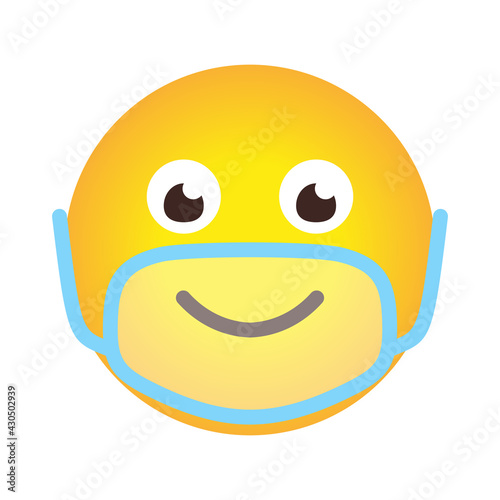 Closeup emoji icon in limpid mask. Emoticon smile in cartoon style in face protective mask as sign protect against spread of coronavirus. Chat app object. Stop COVID-19. Isolated vector illustration