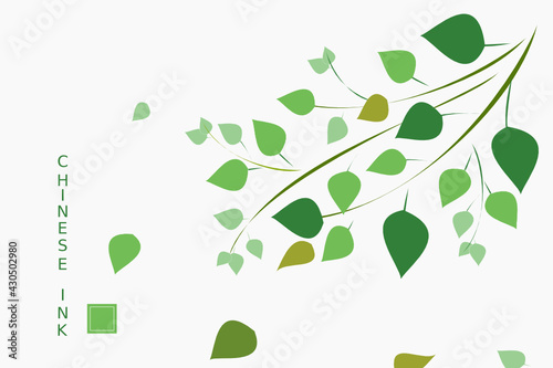 Vintage Chinese ink painting with green plants and tree branches with Chinese alphabet of quiet, still, calm, quiescent, tranquil, motionless in translation. Vector pattern.