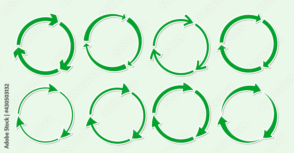 Green of paper round sticker recycle icon set. Flat rotate circle arrow symbol with shadow. Eco rotation, infographic element for web, app. Label logo for using recycled resources. Vector illustration