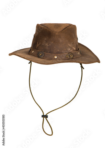 Brown leather hat isolated on white. Traditional hat for all american cowboys.