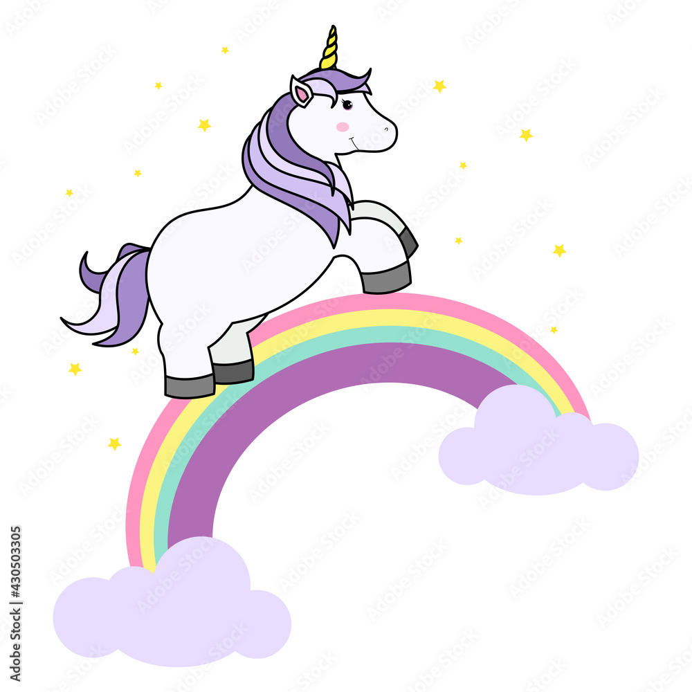 Cute Cartoon Unicorn on Cloud and Rainbow For Print T-shirt or Sticker, Wallpaper Background and Hand Drawing Illustration For Children Cute Cartoon Unicorn on Cloud and Rainbow For Print T-shirt or Sticker, Wallpaper Background and Hand Drawing Illustration For Children