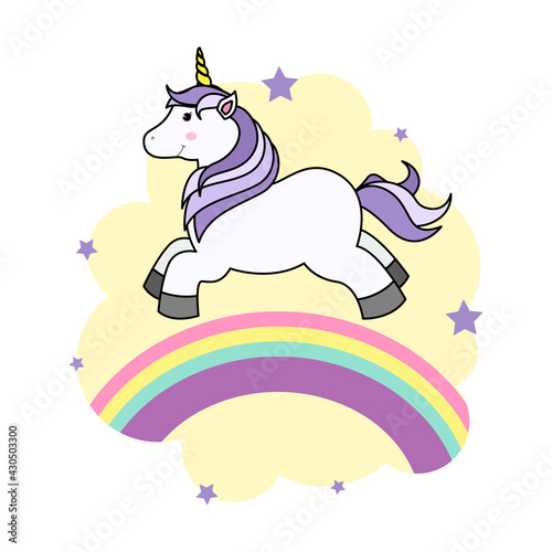 Cute Cartoon Unicorn on Cloud and Rainbow For Print T-shirt or Sticker, Wallpaper Background and Hand Drawing Illustration For Children