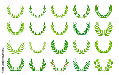 Green foliate vintage wreaths icon set. Hand drawn round floral ornament frames for your design. Great for greeting cards, posters, logos, game apps. Laurel or olive branch award. Vector illustration