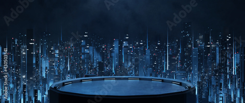 3D Rendering of building deck in mega cyberpunk style city surrounding with many skyscraper towers. For business technology product background, wallpaper