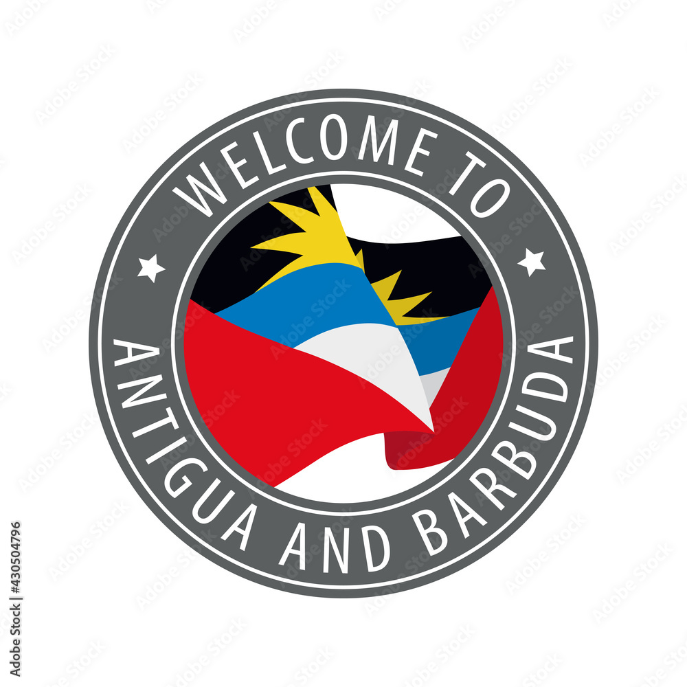 Welcome to Antigua and Barbuda. Gray stamp with a waving country flag. Collection of welcome icons.