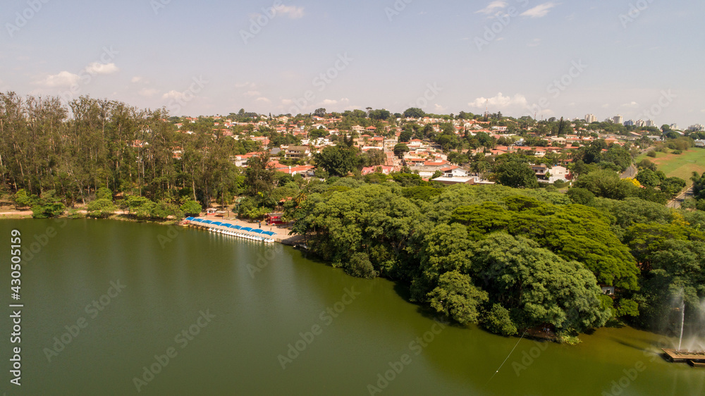 Aerial drone images from the Taquaral park in Campinas, São Paulo. With a view to Cambuí.
