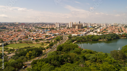 Aerial drone images from the Taquaral park in Campinas, São Paulo. With a view to Cambuí. © Pedro