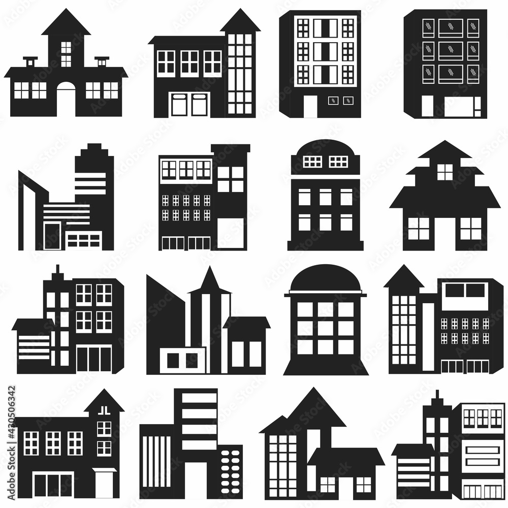 Illustration of Building one set Icon Design vector black and white simple house