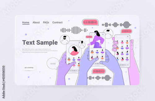 hands using smartphones communicate by voice messages audio chat application social media online communication