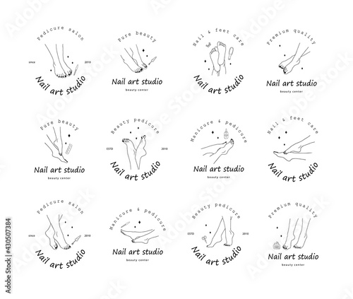 Outline female feet. Set of logotype for nail art studio. Foot care concept. Modern design for manicure and pedicure salon beauty and spa center. Vector illustration isolated on white background.