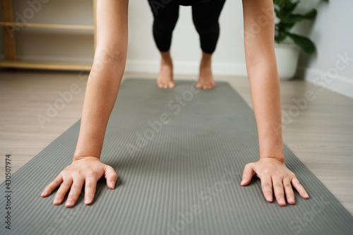 close up view of young women practicing yoga in phalakasana (plank pose) at home, doing hands push floor, relaxation exercises, pilates, wellness healthy concept.