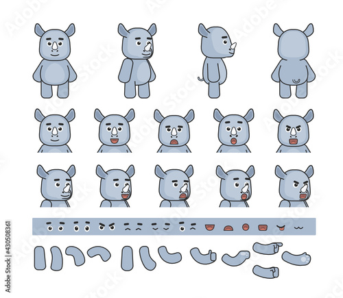 Cute rhino character creation kit. Create your own action, animation, pose. Modern vector illustration