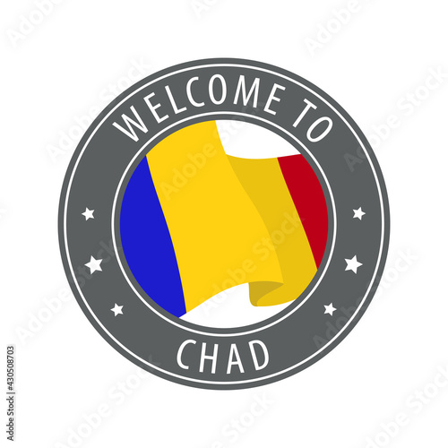 Welcome to Chad. Gray stamp with a waving country flag. photo