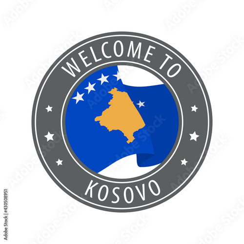 Welcome to Kosovo. Gray stamp with a waving country flag.