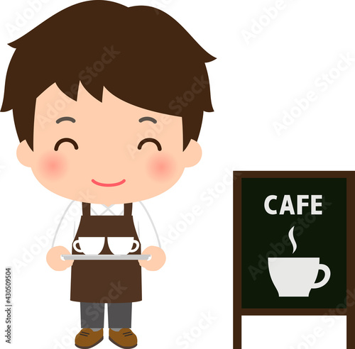 トレイを持ったカフェ店員の若い男性