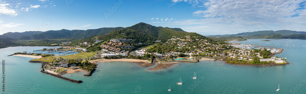 Aerial panoramic morning view of beautiful Airlie Beach in Queensland Australia