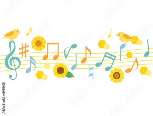 夏の音楽イメージイラストと音符と小鳥