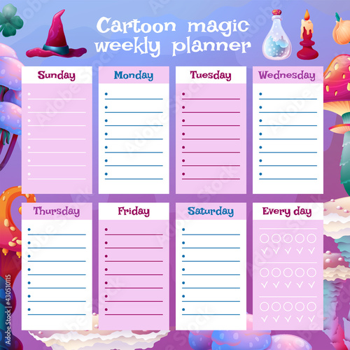 Magical Weekly Task Planner. School Schedule on Week for Class, Lesson. Ready to print with CopySpace. Colorful Fantasy Mushrooms. Fungus and Unrealistic Uneartly Shiny Alien Botany with Luminous Caps