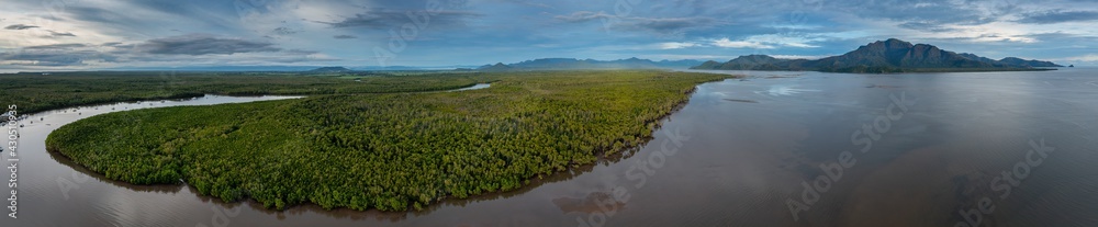 Naklejka premium Panoramic view of the Enterprise Channel and Hinchinbrook Island captured at Lucinda in Far North Queensland, Australia