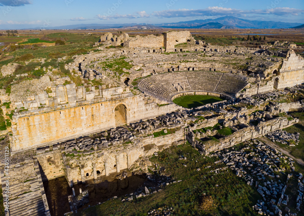 Top view from side of Miletus ancient theater ruins. Turkey