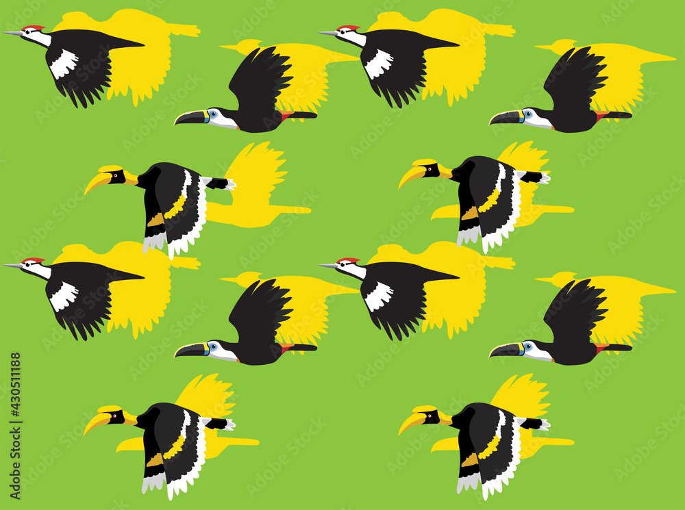 Fototapeta premium Animal Animation Sequence Woodpecker Hornbill Toucan Flying Cartoon Vector Seamless Wallpaper