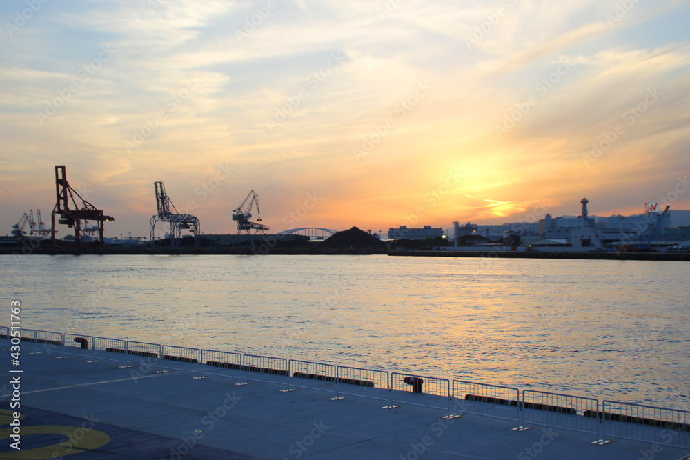 Tempozan harbor at sunset in Osaka Japan 2017