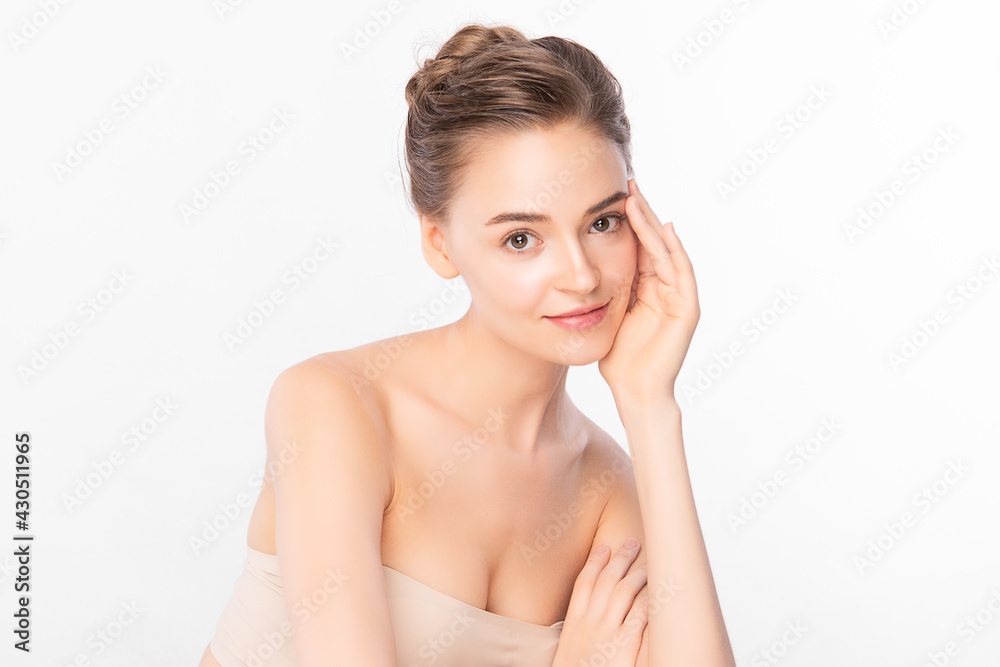 Beautiful young woman with clean fresh skin on white background, Face care, Facial treatment, Cosmetology, beauty and spa, women portrait. Beautiful young woman with clean fresh skin on white background, Face care, Facial treatment, Cosmetology, beauty and spa, women portrait.