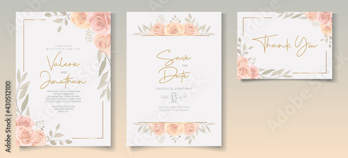 Set of beautiful wedding invitation template with hand drawn roses flower ornament
