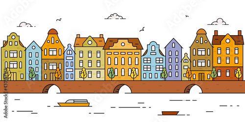 Simple panorama of colorful european city with historical buildings. Europe, Holland, river, sea channel, canal, bridge, boat, embankment, multicolored street. Vector illustration in flat style