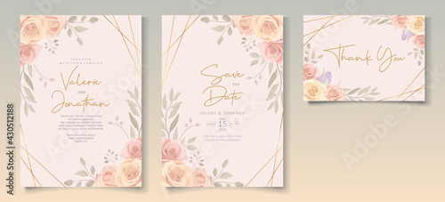 Set of beautiful wedding invitation template with hand drawn roses flower ornament